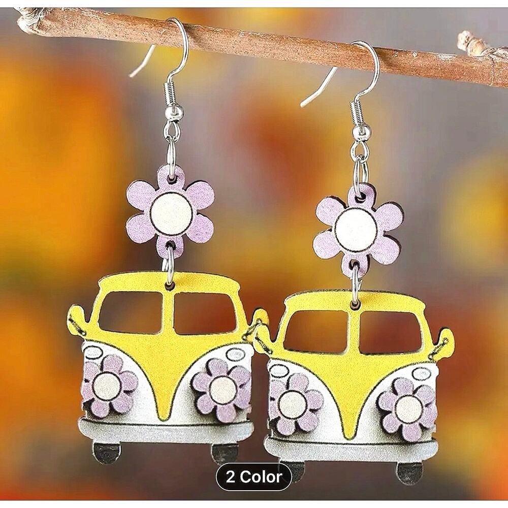 Colorful Retro Boho VW Bus Wooden Stainless Steel Earrings Yellow 1 pair - Picture 5 of 6